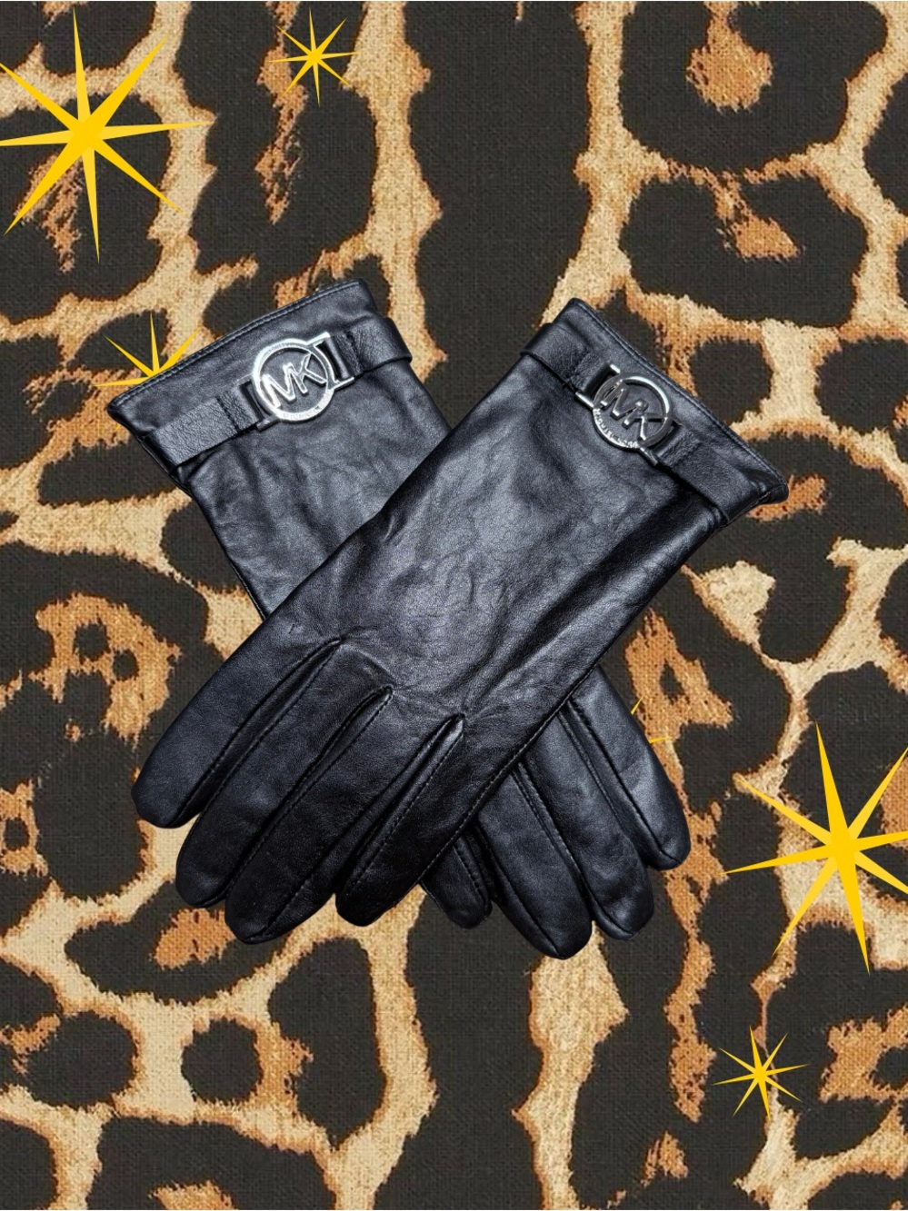 MICHAEL KORS | Michael Kors Black Leather MK Logo Ornament Gloves | Size L